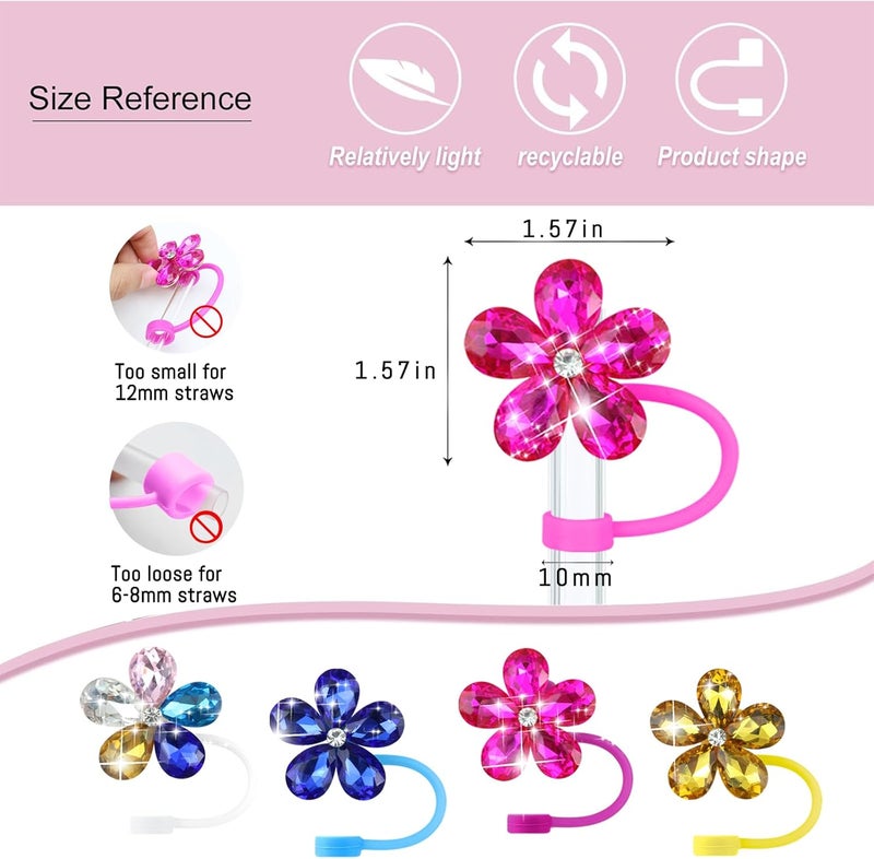 SEMATA 4PCS Cute Flower Straw Cover Cap for Stanley Cup Accessories,Bling Crystals Straw Toppers for Stanley Tumbler 40&30 oz,Rhinestone Reusable Straws Tips Protectors Compatible with 10mm Straws - Image 2